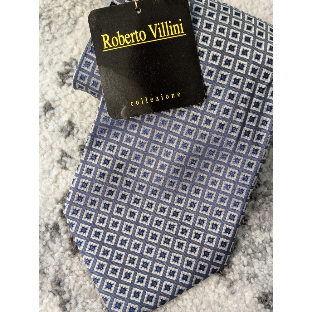 NWT Roberto Villini Men 100% Silk Necktie Geometric Square Blue‎ Gray